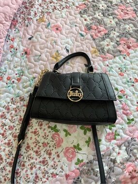 Juicy Couture Black Embossed Top-Handle Crossbody with Gold Medallion